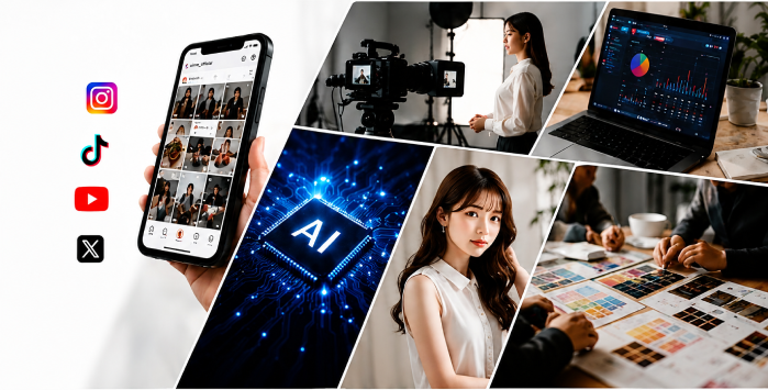 SNS、撮影、AI、モデル、販売プロモーションのコラージュ
