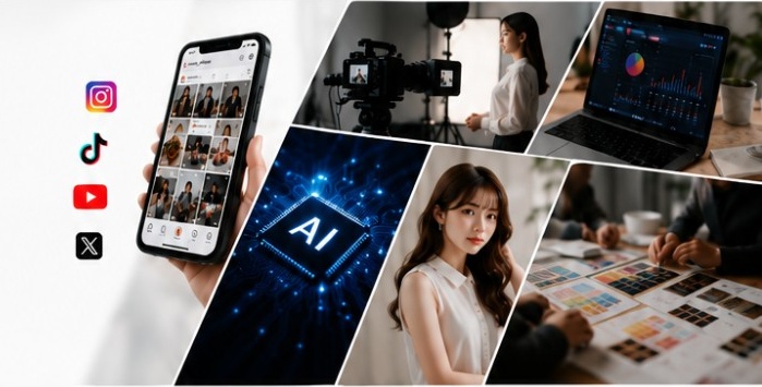 SNS、撮影、AI、モデル、販売プロモーションのコラージュ